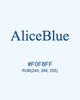 AliceBlue, hex code is #F0F8FF, and value of RGB is (240, 248, 255). HTML Color Names. Download palettes, patterns and gradients colors of AliceBlue.
