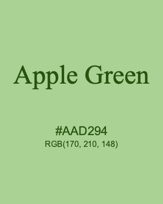 Apple Green, hex code is #AAD294, and value of RGB is (170, 210, 148). 358 Copic colors. Download palettes, patterns and gradients colors of Apple Green.
