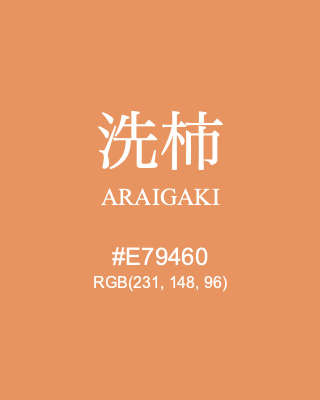 洗柿 ARAIGAKI, hex code is #E79460, and value of RGB is (231, 148, 96). Traditional colors of Japan. Download palettes, patterns and gradients colors of ARAIGAKI.