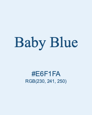 Baby Blue, hex code is #E6F1FA, and value of RGB is (230, 241, 250). 358 Copic colors. Download palettes, patterns and gradients colors of Baby Blue.