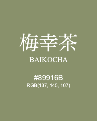 梅幸茶 BAIKOCHA, hex code is #89916B, and value of RGB is (137, 145, 107). Traditional colors of Japan. Download palettes, patterns and gradients colors of BAIKOCHA.