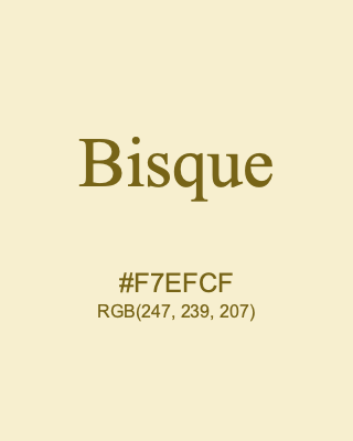 Bisque, hex code is #F7EFCF, and value of RGB is (247, 239, 207). 358 Copic colors. Download palettes, patterns and gradients colors of Bisque.