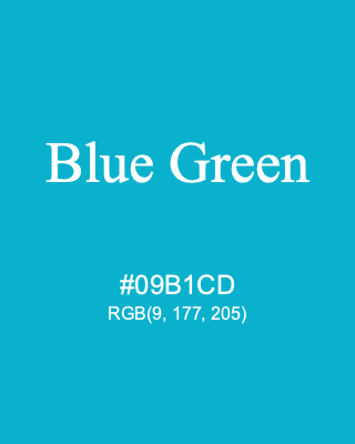 Blue Green, hex code is #09B1CD, and value of RGB is (9, 177, 205). 358 Copic colors. Download palettes, patterns and gradients colors of Blue Green.