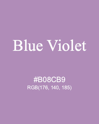 Blue Violet, hex code is #B08CB9, and value of RGB is (176, 140, 185). 358 Copic colors. Download palettes, patterns and gradients colors of Blue Violet.