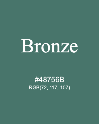 Bronze, hex code is #48756B, and value of RGB is (72, 117, 107). 358 Copic colors. Download palettes, patterns and gradients colors of Bronze.