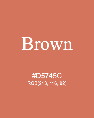 Brown, hex code is #D5745C, and value of RGB is (213, 116, 92). 358 Copic colors. Download palettes, patterns and gradients colors of Brown.