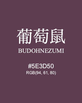 葡萄鼠 BUDOHNEZUMI, hex code is #5E3D50, and value of RGB is (94, 61, 80). Traditional colors of Japan. Download palettes, patterns and gradients colors of BUDOHNEZUMI.