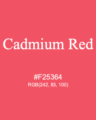 Cadmium Red, hex code is #F25364, and value of RGB is (242, 83, 100). 358 Copic colors. Download palettes, patterns and gradients colors of Cadmium Red.