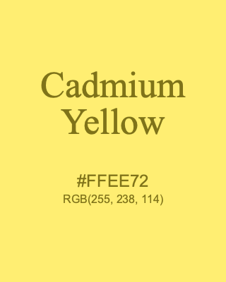 Cadmium Yellow, hex code is #FFEE72, and value of RGB is (255, 238, 114). 358 Copic colors. Download palettes, patterns and gradients colors of Cadmium Yellow.