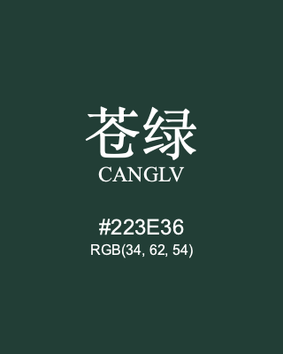 苍绿 canglv, hex code is #223e36, and value of RGB is (34, 62, 54). Traditional colors of China. Download palettes, patterns and gradients colors of canglv.