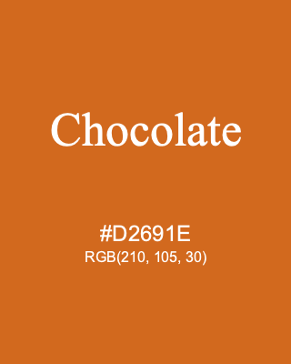 Chocolate, hex code is #D2691E, and value of RGB is (210, 105, 30). HTML Color Names. Download palettes, patterns and gradients colors of Chocolate.