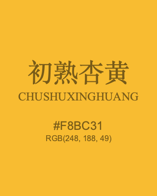 初熟杏黄 chushuxinghuang, hex code is #f8bc31, and value of RGB is (248, 188, 49). Traditional colors of China. Download palettes, patterns and gradients colors of chushuxinghuang.