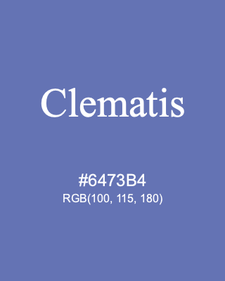 Clematis, hex code is #6473B4, and value of RGB is (100, 115, 180). 358 Copic colors. Download palettes, patterns and gradients colors of Clematis.