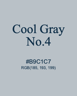 Cool Gray No.4, hex code is #B9C1C7, and value of RGB is (185, 193, 199). 358 Copic colors. Download palettes, patterns and gradients colors of Cool Gray No.4.