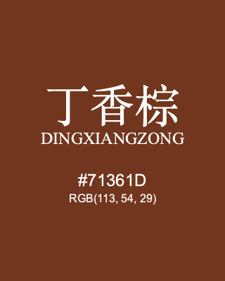 丁香棕 dingxiangzong, hex code is #71361d, and value of RGB is (113, 54, 29). Traditional colors of China. Download palettes, patterns and gradients colors of dingxiangzong.