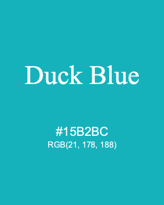 Duck Blue, hex code is #15B2BC, and value of RGB is (21, 178, 188). 358 Copic colors. Download palettes, patterns and gradients colors of Duck Blue.