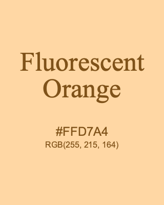 Fluorescent Orange, hex code is #FFD7A4, and value of RGB is (255, 215, 164). 358 Copic colors. Download palettes, patterns and gradients colors of Fluorescent Orange.