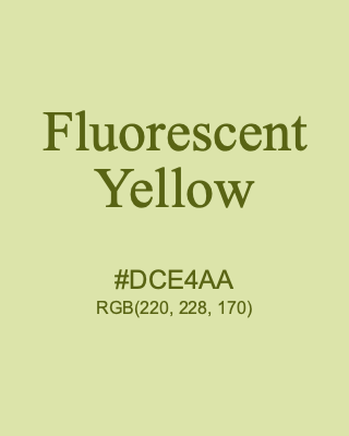 Fluorescent Yellow, hex code is #DCE4AA, and value of RGB is (220, 228, 170). 358 Copic colors. Download palettes, patterns and gradients colors of Fluorescent Yellow.