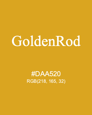 GoldenRod, hex code is #DAA520, and value of RGB is (218, 165, 32). HTML Color Names. Download palettes, patterns and gradients colors of GoldenRod.