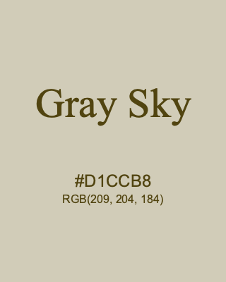 Gray Sky, hex code is #D1CCB8, and value of RGB is (209, 204, 184). 358 Copic colors. Download palettes, patterns and gradients colors of Gray Sky.
