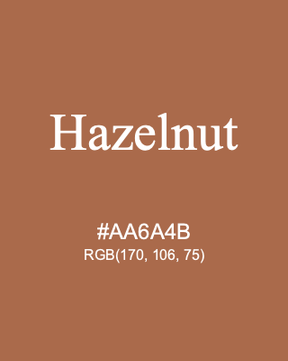 Hazelnut, hex code is #AA6A4B, and value of RGB is (170, 106, 75). 358 Copic colors. Download palettes, patterns and gradients colors of Hazelnut.