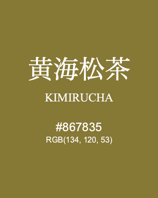 黄海松茶 KIMIRUCHA, hex code is #867835, and value of RGB is (134, 120, 53). Traditional colors of Japan. Download palettes, patterns and gradients colors of KIMIRUCHA.