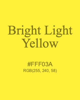 Bright Light Yellow, hex code is #FFF03A, and value of RGB is (255, 240, 58). Lego colors. Download palettes, patterns and gradients colors of Bright Light Yellow.
