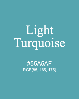 Light Turquoise, hex code is #55A5AF, and value of RGB is (85, 165, 175). Lego colors. Download palettes, patterns and gradients colors of Light Turquoise.