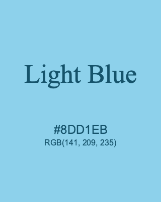 Light Blue, hex code is #8DD1EB, and value of RGB is (141, 209, 235). 358 Copic colors. Download palettes, patterns and gradients colors of Light Blue.