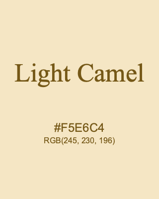 Light Camel, hex code is #F5E6C4, and value of RGB is (245, 230, 196). 358 Copic colors. Download palettes, patterns and gradients colors of Light Camel.