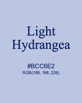 Light Hydrangea, hex code is #BCC6E2, and value of RGB is (188, 198, 226). 358 Copic colors. Download palettes, patterns and gradients colors of Light Hydrangea.