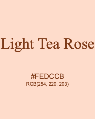 Light Tea Rose, hex code is #FEDCCB, and value of RGB is (254, 220, 203). 358 Copic colors. Download palettes, patterns and gradients colors of Light Tea Rose.