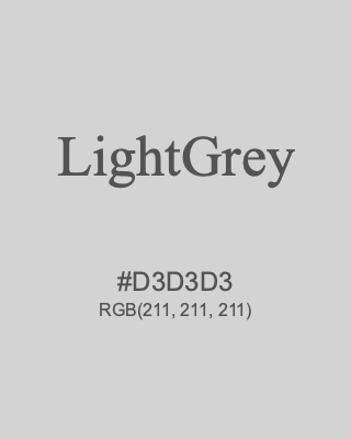 LightGrey, hex code is #D3D3D3, and value of RGB is (211, 211, 211). HTML Color Names. Download palettes, patterns and gradients colors of LightGrey.