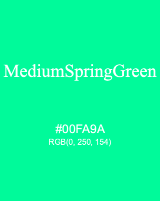 MediumSpringGreen, hex code is #00FA9A, and value of RGB is (0, 250, 154). HTML Color Names. Download palettes, patterns and gradients colors of MediumSpringGreen.