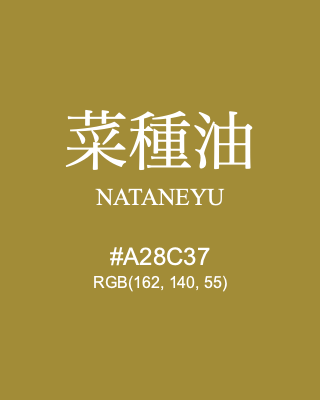 菜種油 NATANEYU, hex code is #A28C37, and value of RGB is (162, 140, 55). Traditional colors of Japan. Download palettes, patterns and gradients colors of NATANEYU.