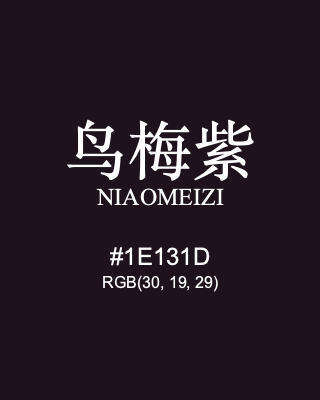 鸟梅紫 niaomeizi, hex code is #1e131d, and value of RGB is (30, 19, 29). Traditional colors of China. Download palettes, patterns and gradients colors of niaomeizi.