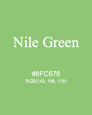 Nile Green, hex code is #8FC676, and value of RGB is (143, 198, 118). 358 Copic colors. Download palettes, patterns and gradients colors of Nile Green.