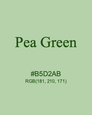 Pea Green, hex code is #B5D2AB, and value of RGB is (181, 210, 171). 358 Copic colors. Download palettes, patterns and gradients colors of Pea Green.