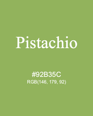 Pistachio, hex code is #92B35C, and value of RGB is (146, 179, 92). 358 Copic colors. Download palettes, patterns and gradients colors of Pistachio.
