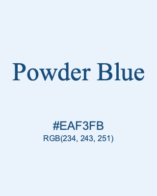 Powder Blue, hex code is #EAF3FB, and value of RGB is (234, 243, 251). 358 Copic colors. Download palettes, patterns and gradients colors of Powder Blue.