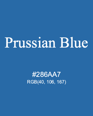 Prussian Blue, hex code is #286AA7, and value of RGB is (40, 106, 167). 358 Copic colors. Download palettes, patterns and gradients colors of Prussian Blue.