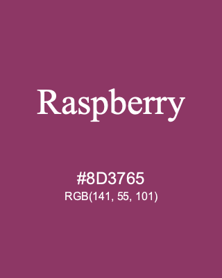 Raspberry, hex code is #8D3765, and value of RGB is (141, 55, 101). 358 Copic colors. Download palettes, patterns and gradients colors of Raspberry.