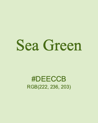 Sea Green, hex code is #DEECCB, and value of RGB is (222, 236, 203). 358 Copic colors. Download palettes, patterns and gradients colors of Sea Green.