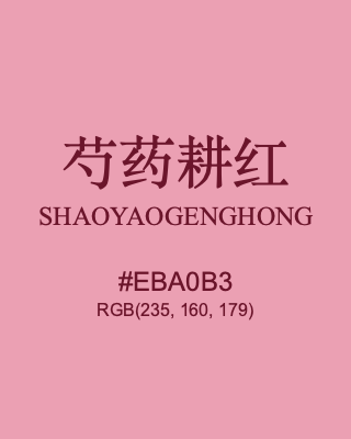 芍药耕红 shaoyaogenghong, hex code is #eba0b3, and value of RGB is (235, 160, 179). Traditional colors of China. Download palettes, patterns and gradients colors of shaoyaogenghong.
