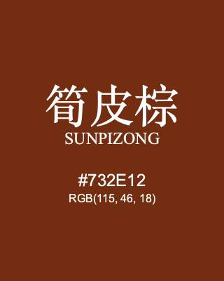 筍皮棕 sunpizong, hex code is #732e12, and value of RGB is (115, 46, 18). Traditional colors of China. Download palettes, patterns and gradients colors of sunpizong.