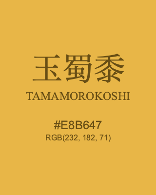 玉蜀黍 TAMAMOROKOSHI, hex code is #E8B647, and value of RGB is (232, 182, 71). Traditional colors of Japan. Download palettes, patterns and gradients colors of TAMAMOROKOSHI.