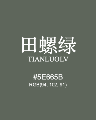田螺绿 tianluolv, hex code is #5e665b, and value of RGB is (94, 102, 91). Traditional colors of China. Download palettes, patterns and gradients colors of tianluolv.
