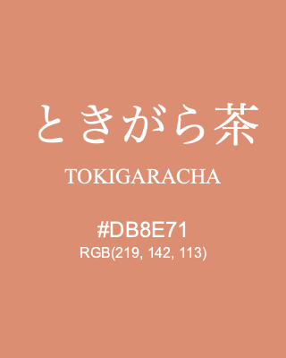 ときがら茶 TOKIGARACHA, hex code is #DB8E71, and value of RGB is (219, 142, 113). Traditional colors of Japan. Download palettes, patterns and gradients colors of TOKIGARACHA.