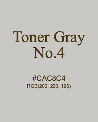 Toner Gray No.4, hex code is #CAC8C4, and value of RGB is (202, 200, 196). 358 Copic colors. Download palettes, patterns and gradients colors of Toner Gray No.4.