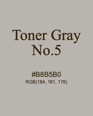Toner Gray No.5, hex code is #B8B5B0, and value of RGB is (184, 181, 176). 358 Copic colors. Download palettes, patterns and gradients colors of Toner Gray No.5.
